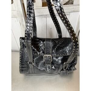 Vintage Y2K Liz Claiborne Black Faux Croco Leather Satchel Top Handle Bag